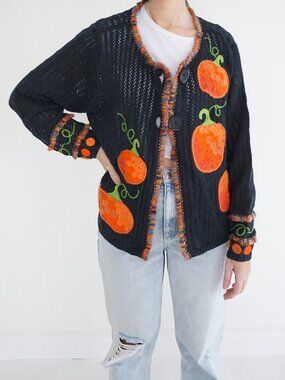 Vintage Design Ptions Black Pumpkin Halloween Button Knit Cardigan Orange XL